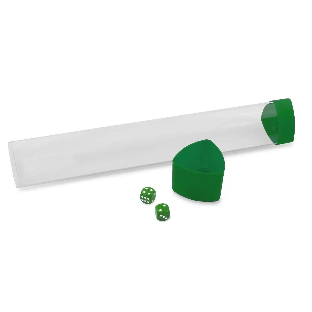 Open green playmat tube with dice cap from THE MIGHTY HOBBY SHOP, showing the colorful playmat rolled inside.