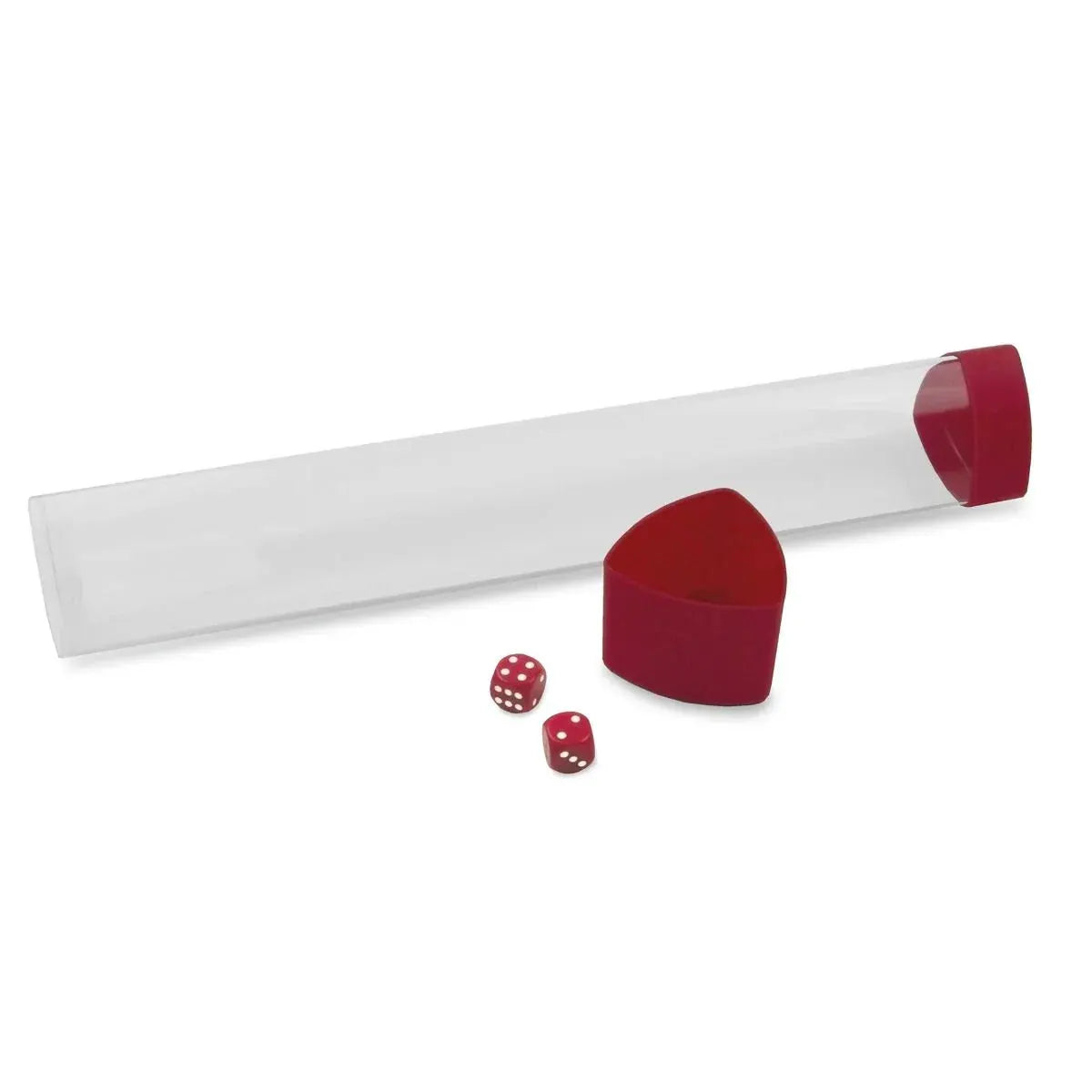 Open red playmat tube with dice cap from THE MIGHTY HOBBY SHOP, showing the interior and rolled-up playmat inside.