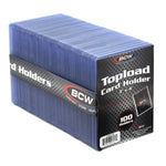 Three-by-four standard topload card holder for trading cards, shown in a pack of 100 from THE MIGHTY HOBBY SHOP.
