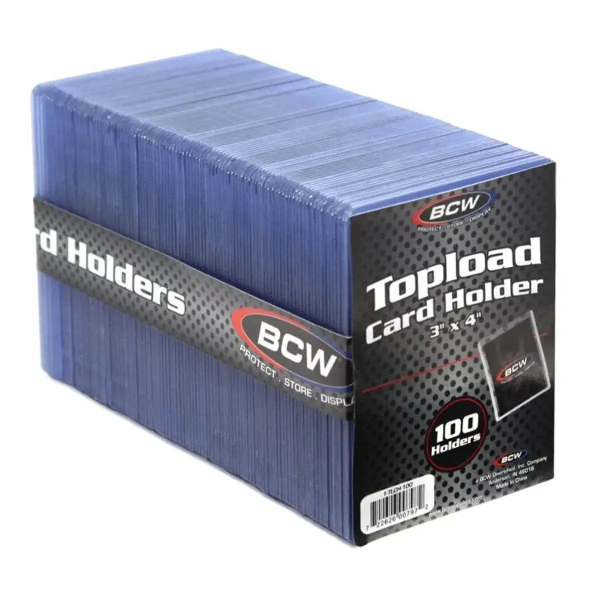 Three-by-four standard topload card holder for trading cards, shown in a pack of 100 from THE MIGHTY HOBBY SHOP.