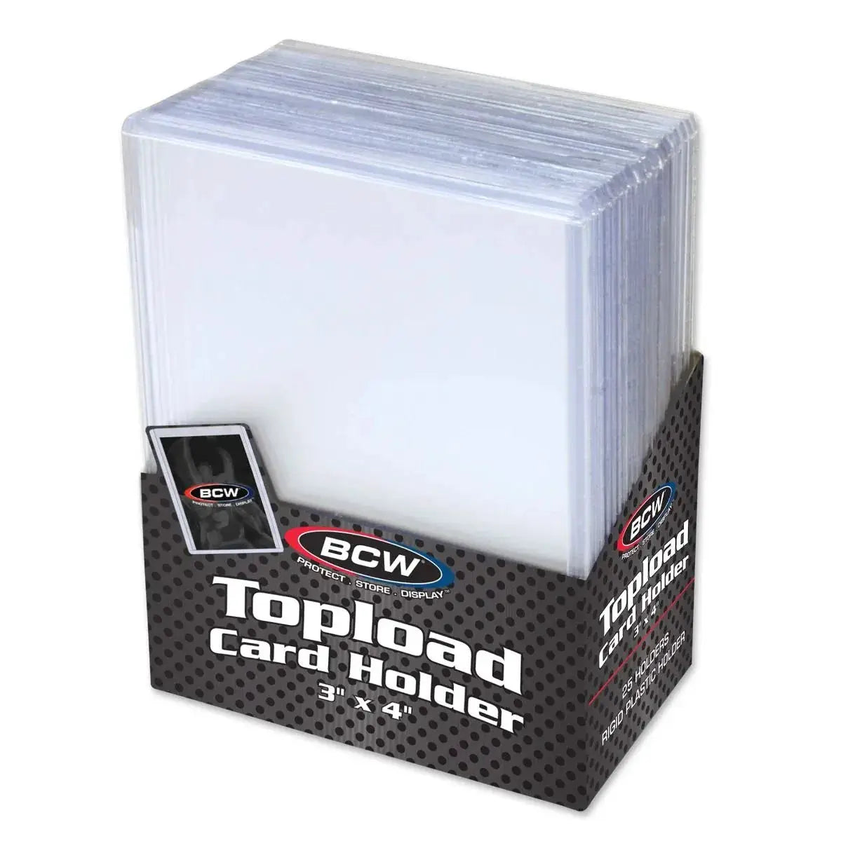Three-pack of THE MIGHTY HOBBY SHOP 3x4 topload card holders, clear plastic sleeves for trading cards or collectibles.