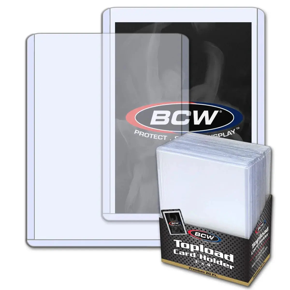 Three 3x4 top-load card holders from THE MIGHTY HOBBY SHOP, shown stacked with clear plastic protection for trading cards.