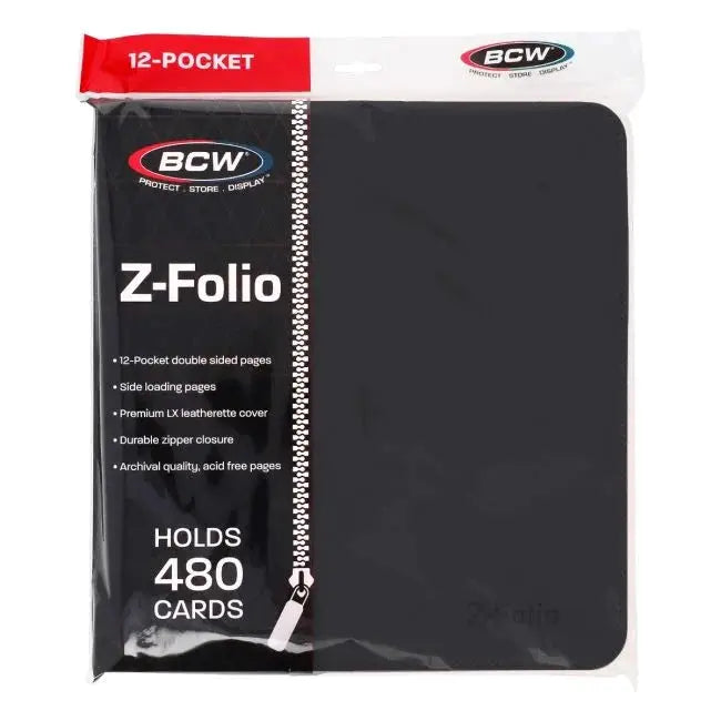 Black Z-Folio 12-Pocket LX Album by THE MIGHTY HOBBY SHOP, front view showing packaging and album design.