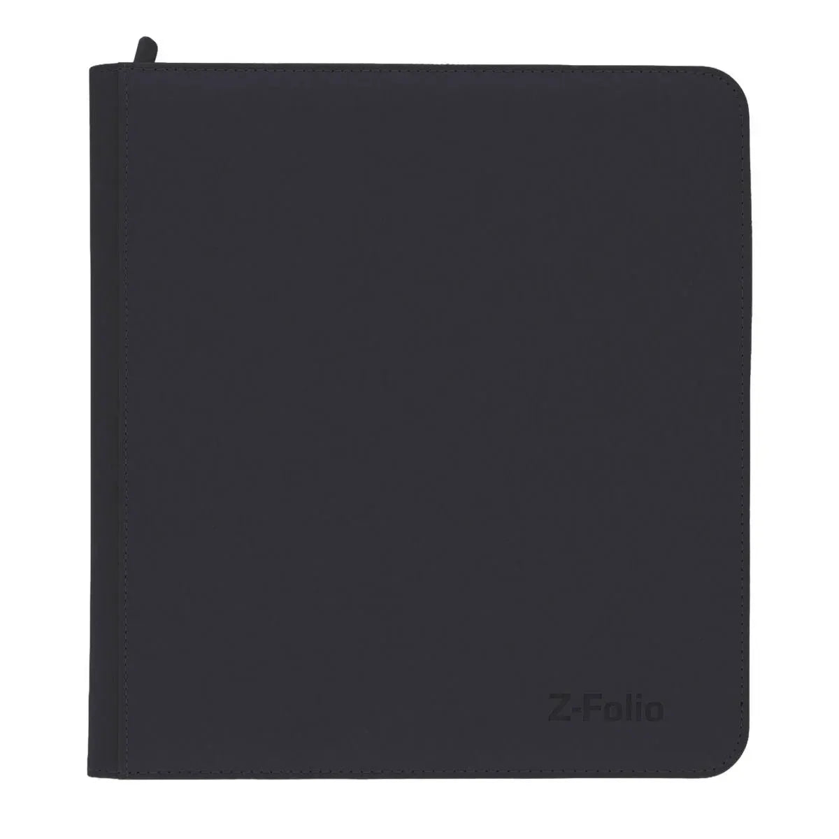 Black Z-Folio 12-pocket LX album by THE MIGHTY HOBBY SHOP, showing front view with multiple transparent card pockets.