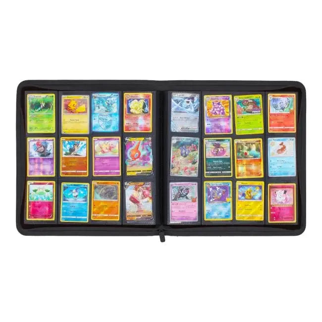 Open Z-Folio 12-Pocket LX Album in black by THE MIGHTY HOBBY SHOP, showing organized card pockets and sleek design.