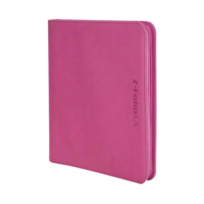 Pink Z-Folio 12-Pocket LX Album by THE MIGHTY HOBBY SHOP, angled view showing multiple transparent pockets for collectibles.