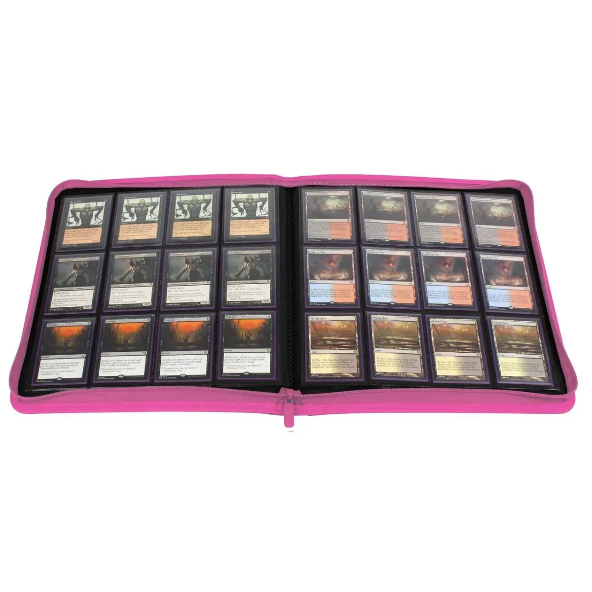 Open Z-Folio 12-Pocket LX Album by THE MIGHTY HOBBY SHOP showing pink interior pages for storing collectibles or cards.