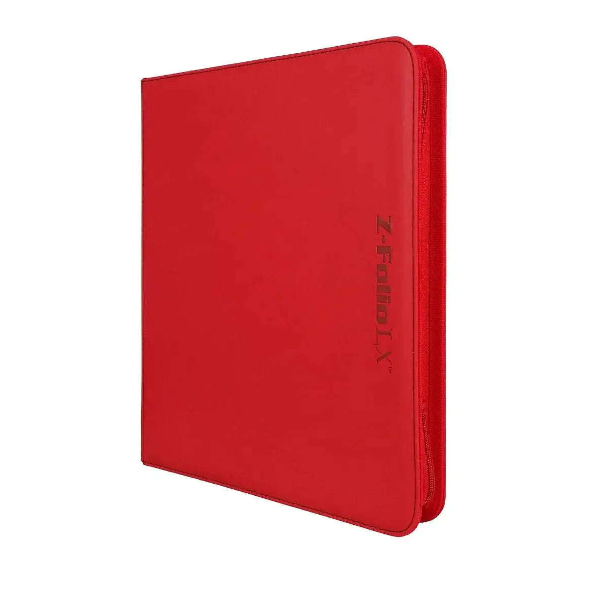 Red Z-Folio 12-Pocket LX Album by THE MIGHTY HOBBY SHOP, showing open pages for storing collectible cards or photos.