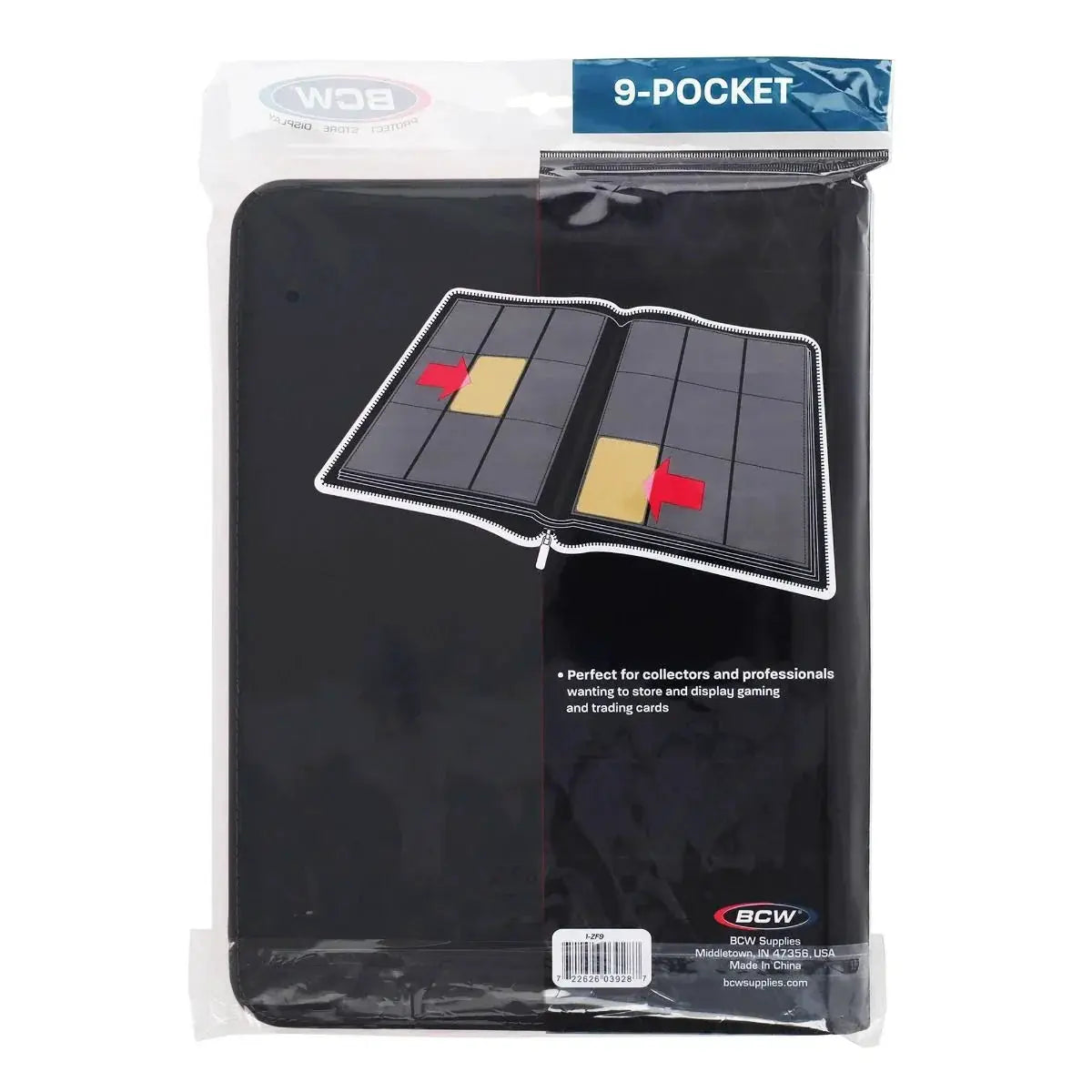 Black Z-Folio 9-Pocket Album by THE MIGHTY HOBBY SHOP, showing front cover and packaging with internal pocket view.