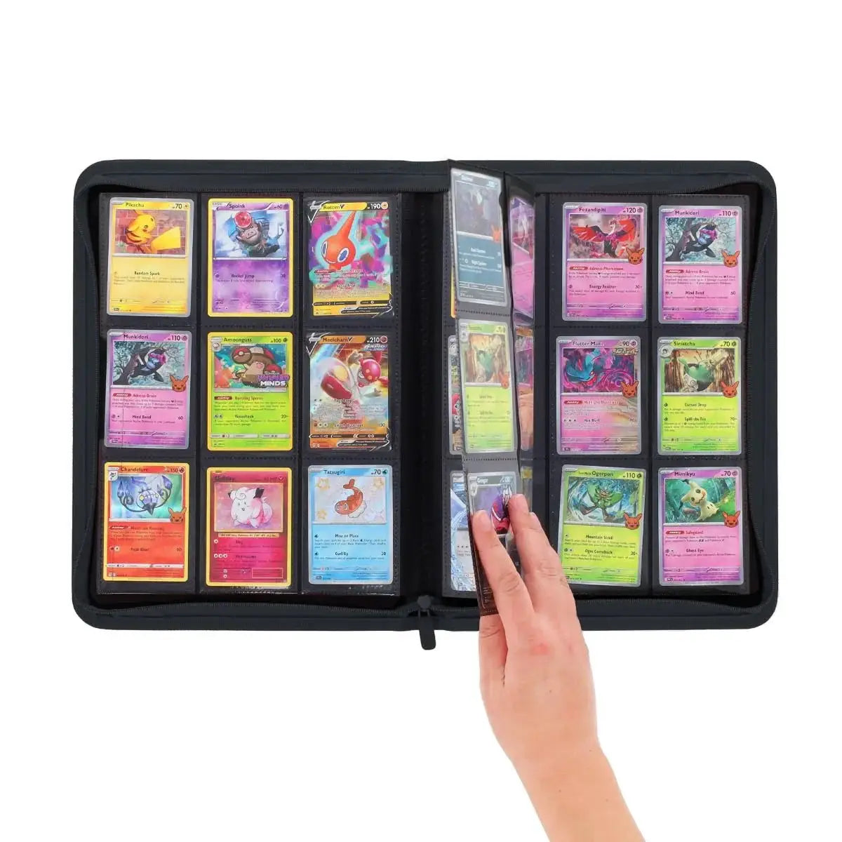 Black Z-Folio 9-pocket album by THE MIGHTY HOBBY SHOP, showing interior pages with clear plastic pockets for collectible cards.