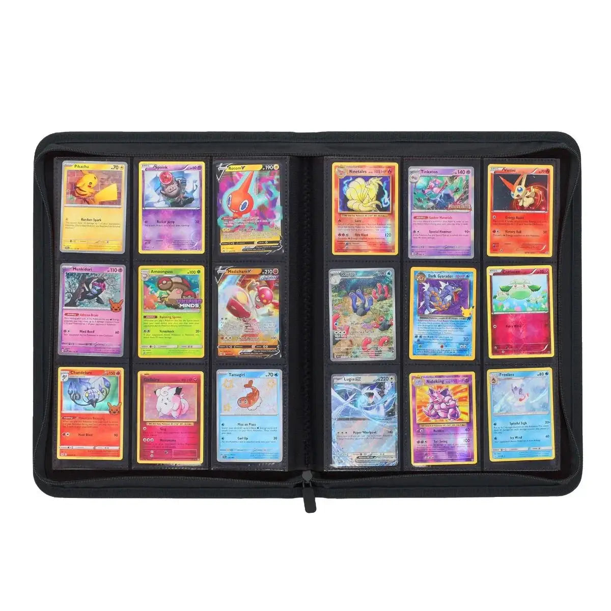Open black Z-Folio 9-pocket album by THE MIGHTY HOBBY SHOP showing clear plastic pages for trading card storage.