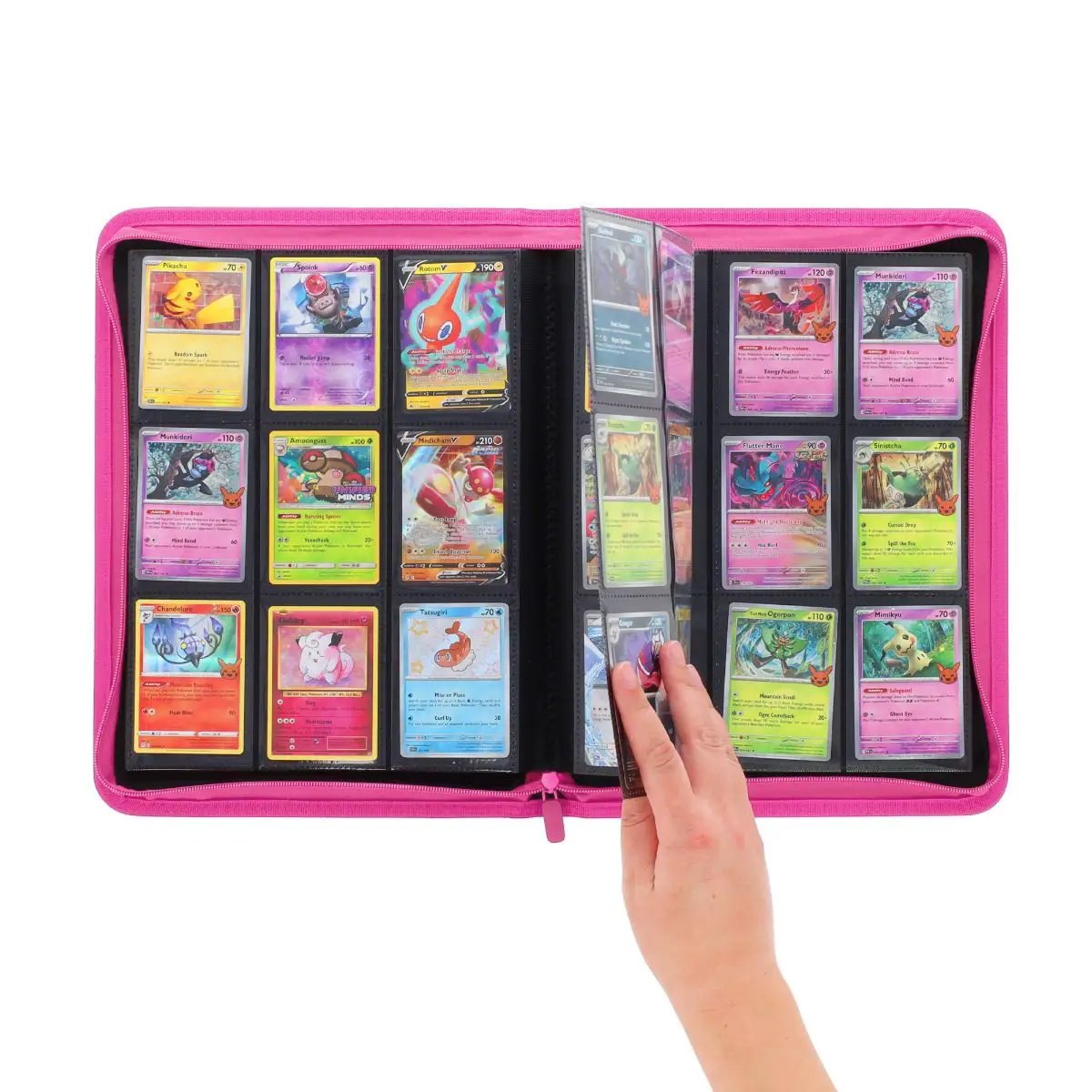 Pink Z-Folio 9-pocket album from THE MIGHTY HOBBY SHOP featuring a hand flipping through pages of collectible cards.