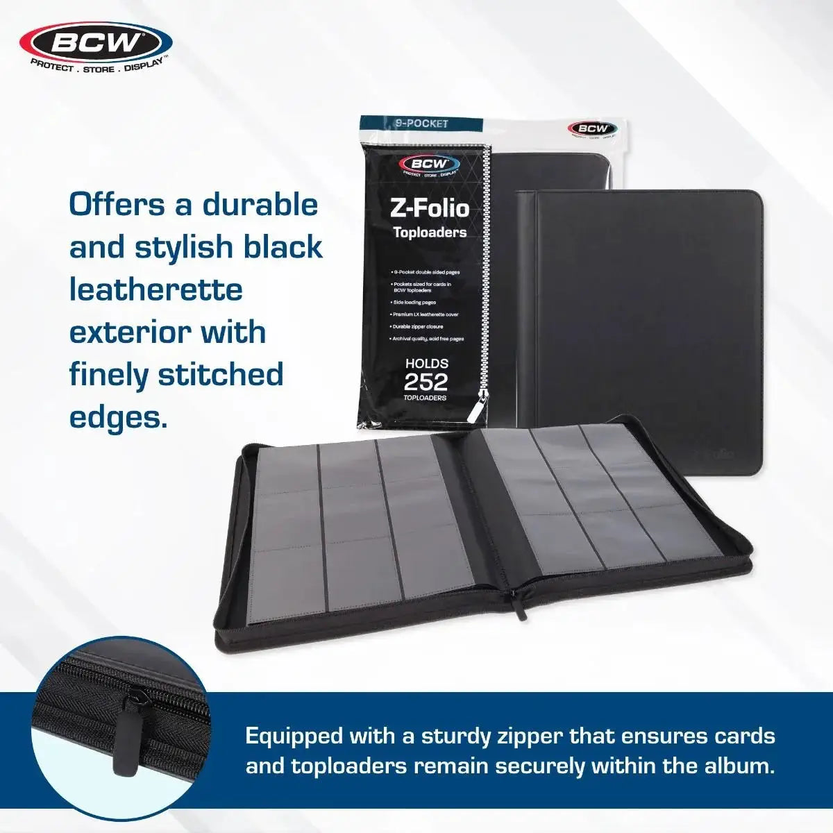 Black Z-Folio 9-pocket LX album with top loaders for trading cards, featuring a sleek design and durable construction.