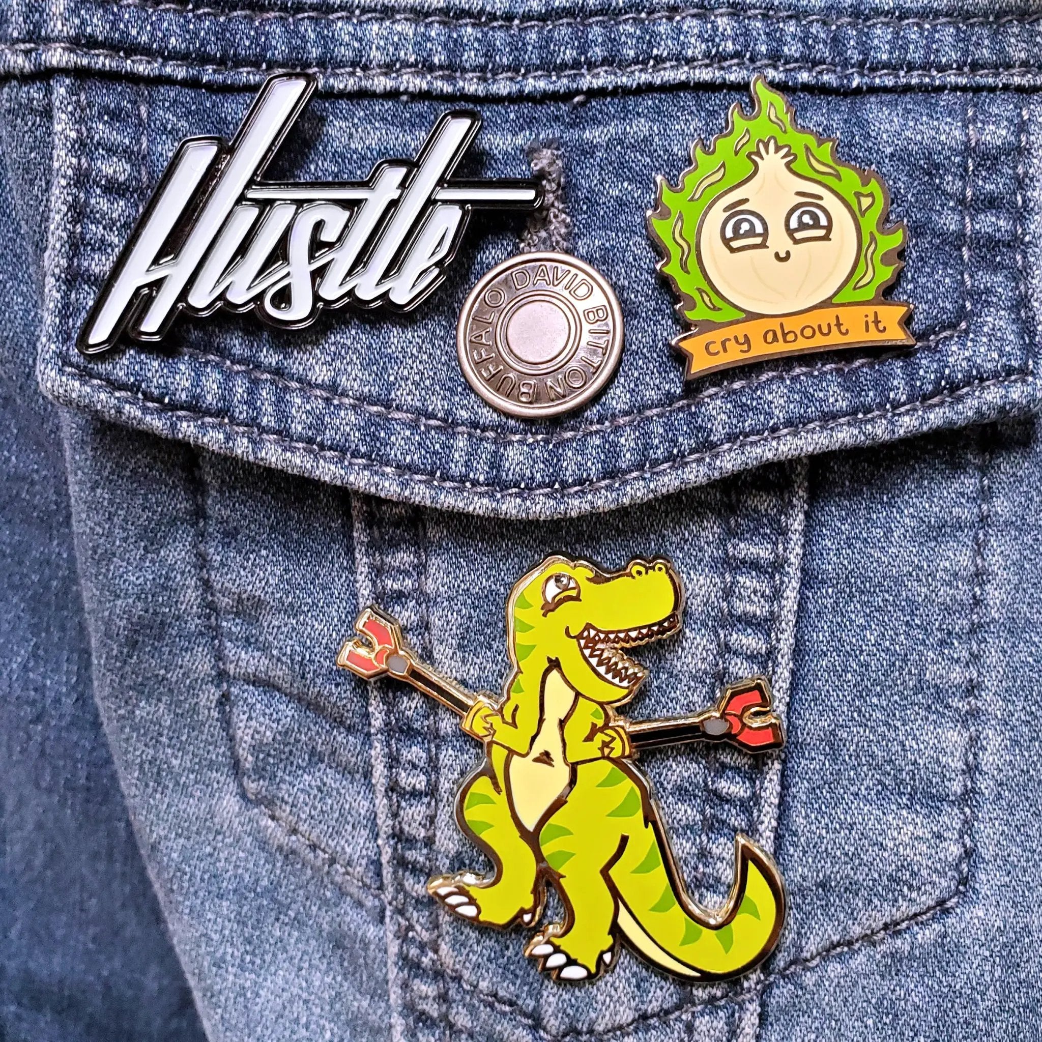 Kolorspun Cry About It Onion pin, a fun metal pin featuring a crying onion design, perfect for jackets and accessories.