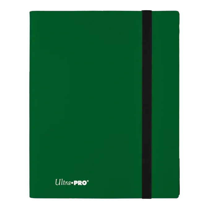 Forest green Eclipse 9-Pocket PRO-Binder by THE MIGHTY HOBBY SHOP with clear 9-pocket sleeves for organizing cards or documents.