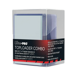 Set of 25 clear card toploaders and sleeves with a storage box, ideal for protecting collectible cards from THE MIGHTY HOBBY SHOP.
