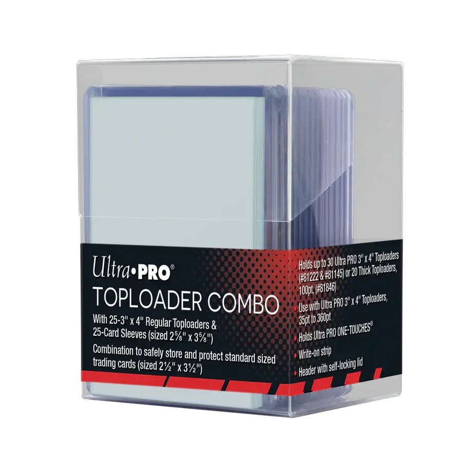 Set of 25 clear card toploaders and sleeves with a storage box, ideal for protecting collectible cards from THE MIGHTY HOBBY SHOP.