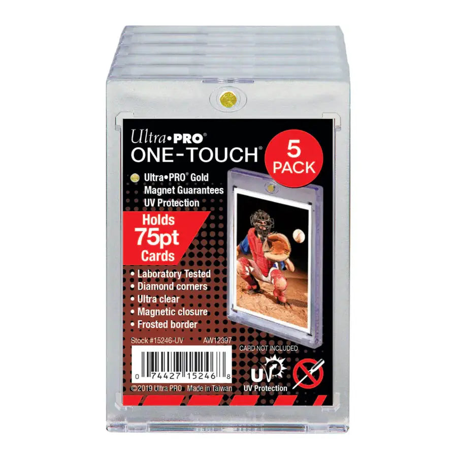 Set of five 75PT UV ONE-TOUCH magnetic holders by THE MIGHTY HOBBY SHOP, showing the clear plastic clips in a pack.