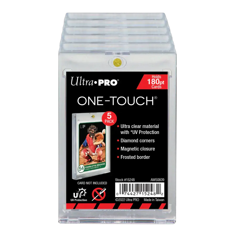 Set of five 180PT UV ONE-TOUCH® magnetic card holders by THE MIGHTY HOBBY SHOP, showing clear plastic covers for identification cards.
