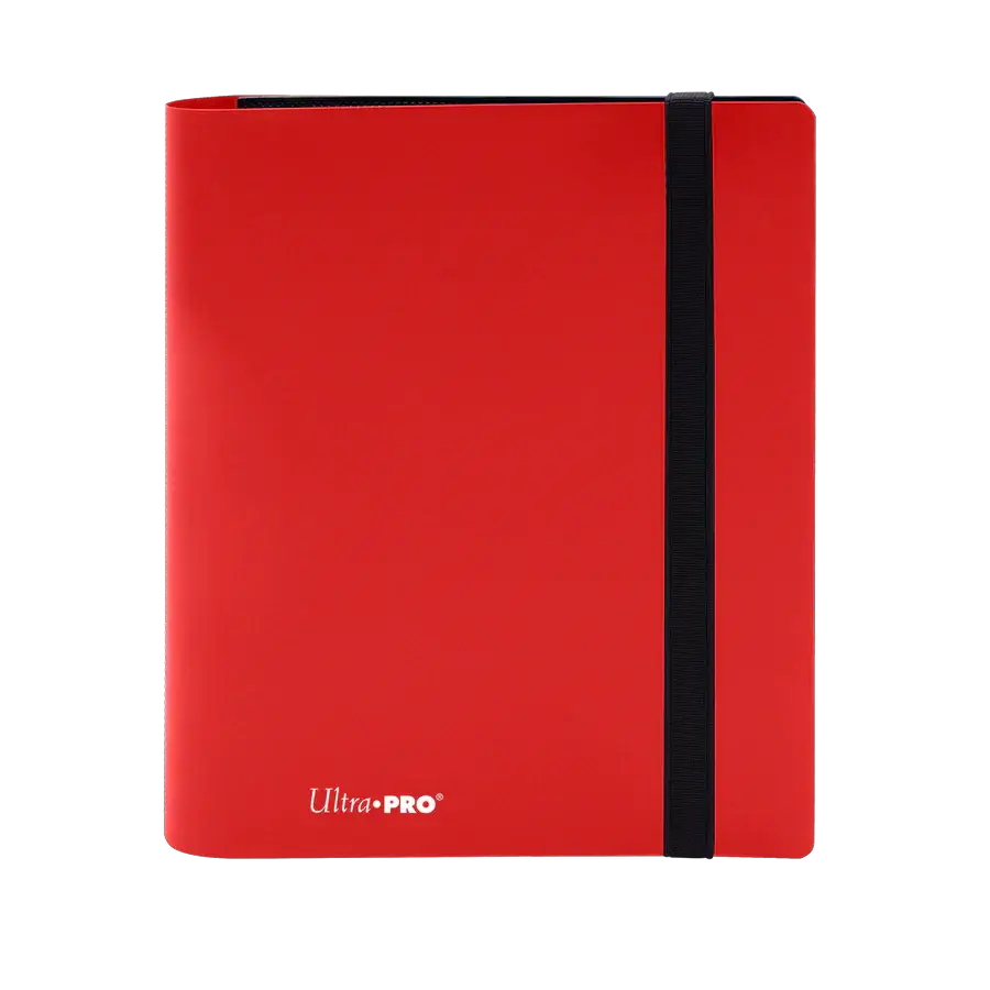 Eclipse 4-Pocket PRO-Binder in vibrant Apple Red by THE MIGHTY HOBBY SHOP, shown from the front with four pockets visible.