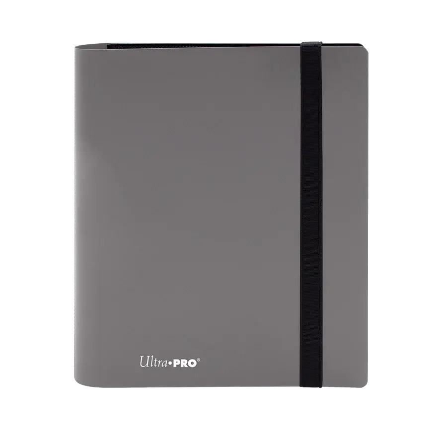 Eclipse 4-Pocket PRO-Binder by THE MIGHTY HOBBY SHOP in smoke gray, front view showing four clear pockets for organizing documents.