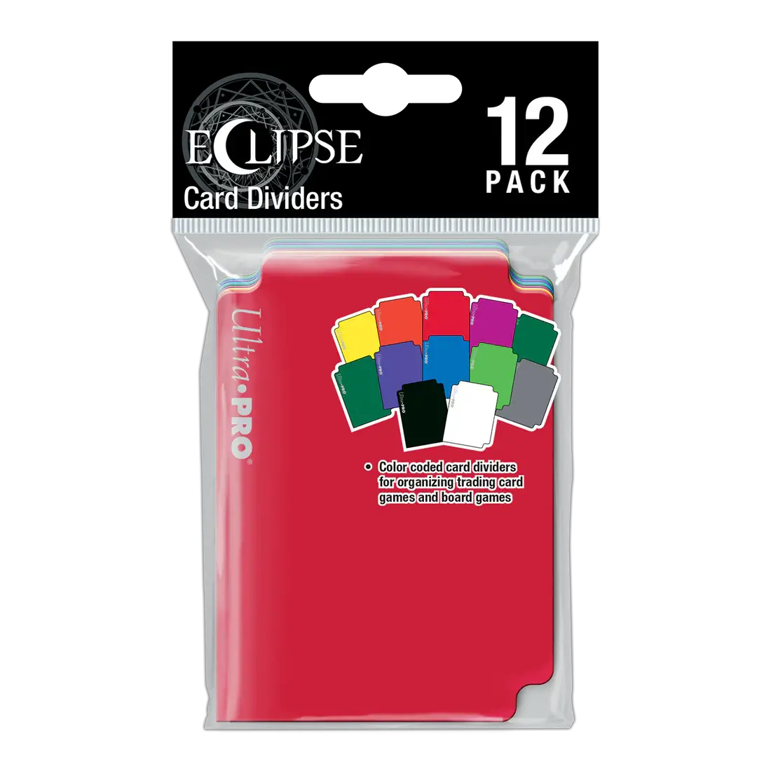Multi-colored Eclipse card deck dividers pack with 12 durable plastic tabs, ideal for organizing trading cards or collectibles.