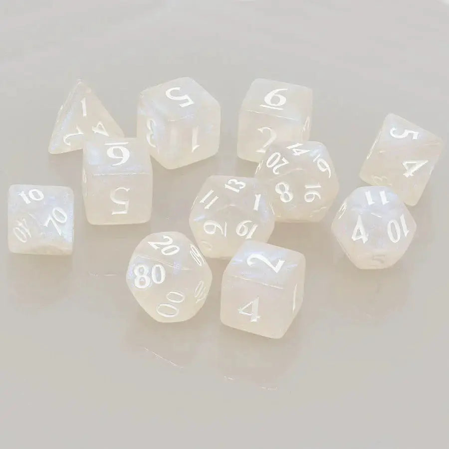 Eclipse Acrylic RPG dice set with 11 white and clear dice from THE MIGHTY HOBBY SHOP, featuring numbered faces for tabletop gaming.