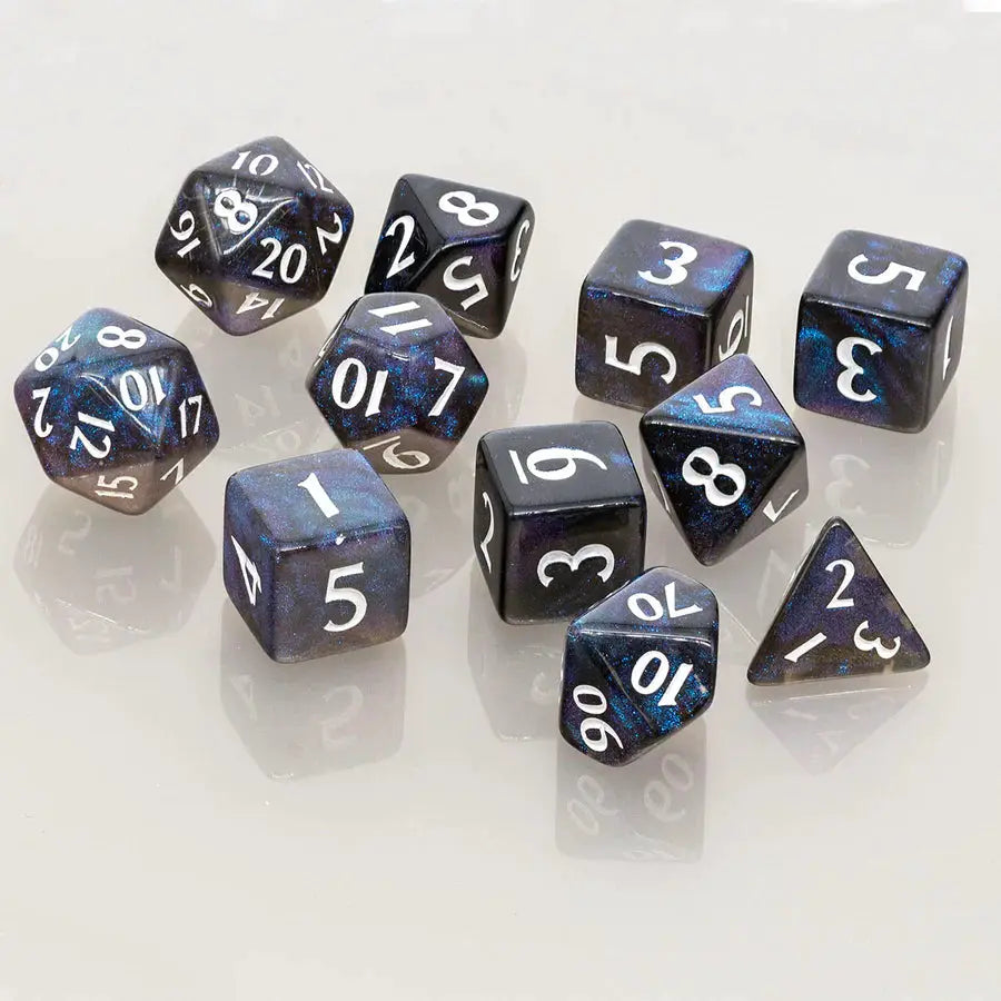 Eclipse Acrylic RPG dice set with 11 jet black dice, including D20, D12, D10, D8, D6, and D4, from THE MIGHTY HOBBY SHOP.