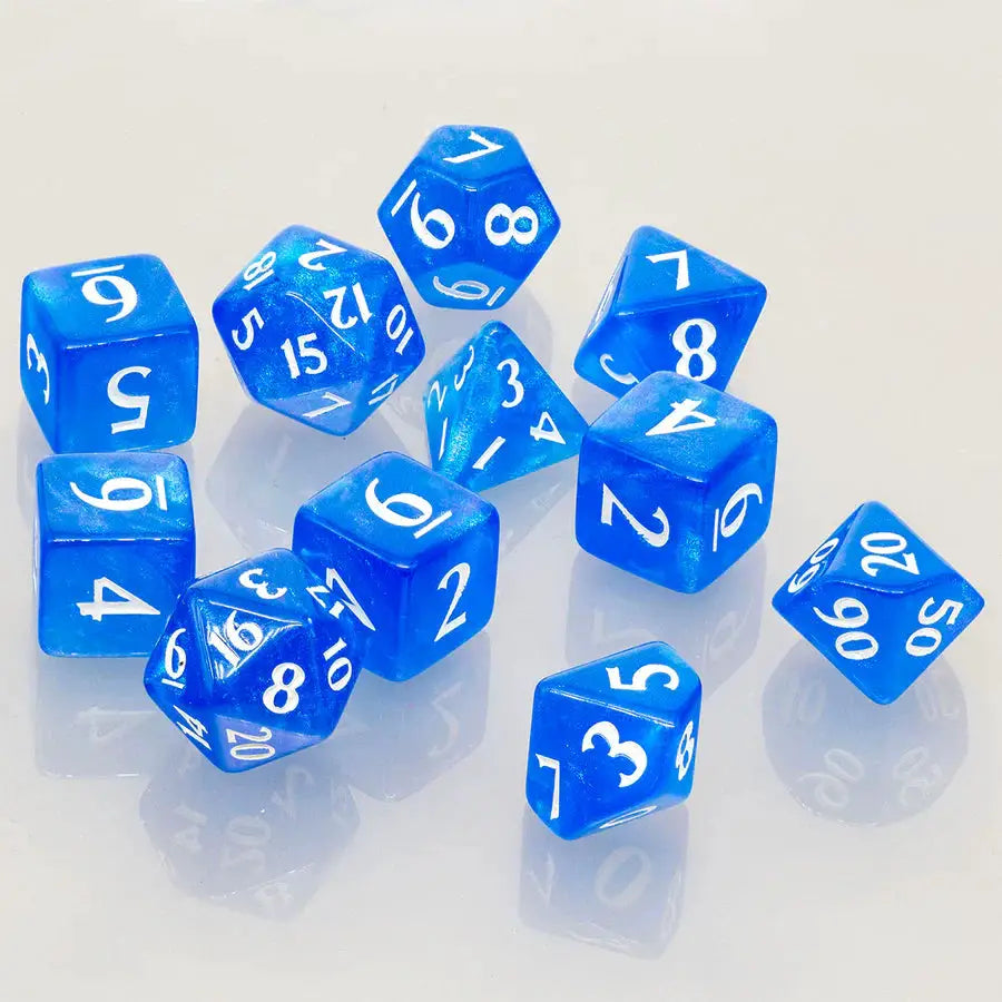Eclipse Acrylic RPG dice set with 11 Pacific Blue dice including d20, d12, d10, d8, d6, and d4 for tabletop gaming.