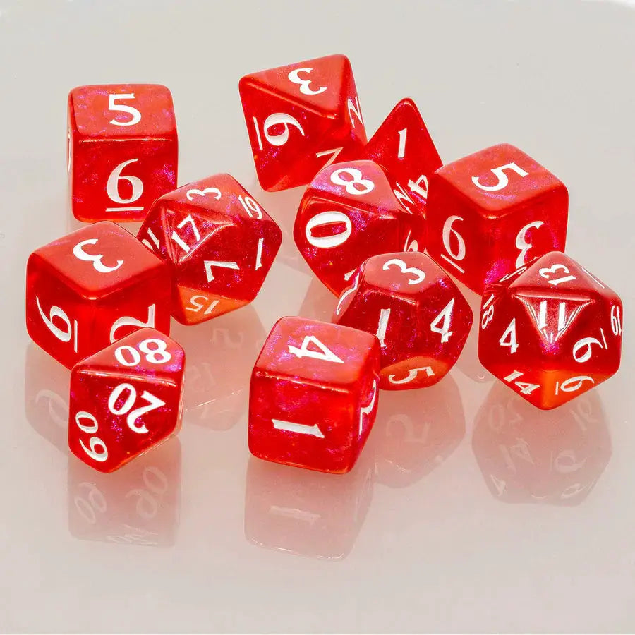 Set of 11 red Eclipse acrylic RPG dice from THE MIGHTY HOBBY SHOP, including d20, d12, d10, d8, d6, and d4.