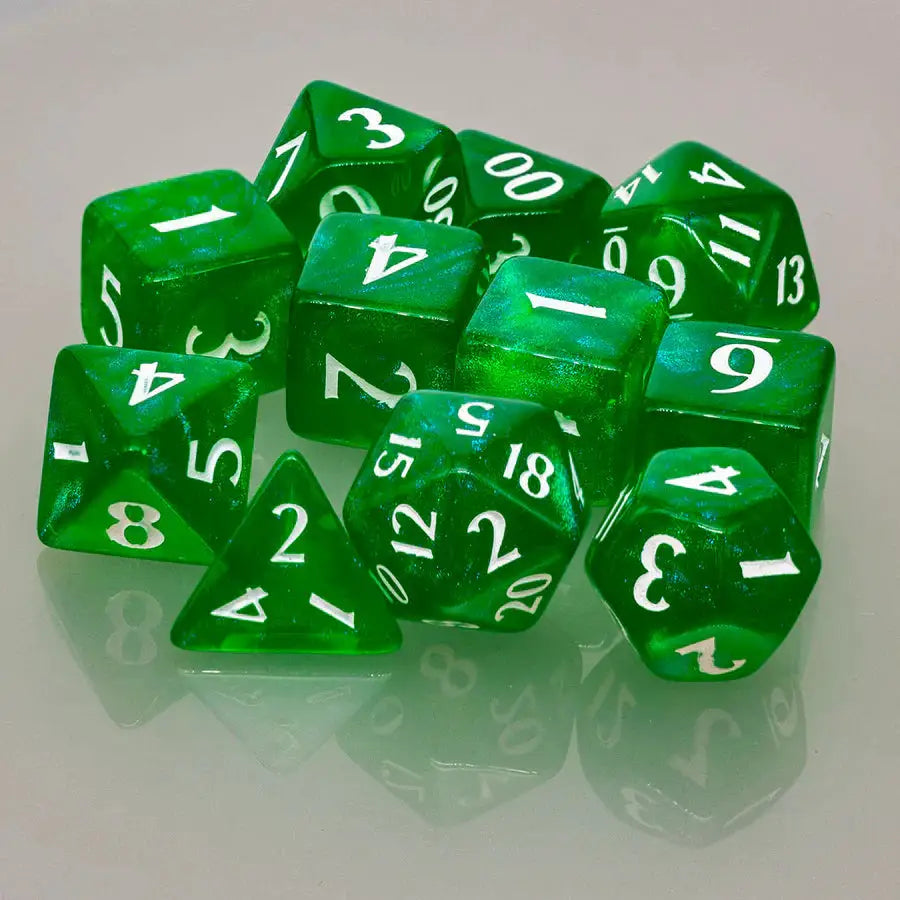 Forest green Eclipse Acrylic RPG dice set with 11 multi-sided dice for tabletop gaming from THE MIGHTY HOBBY SHOP.