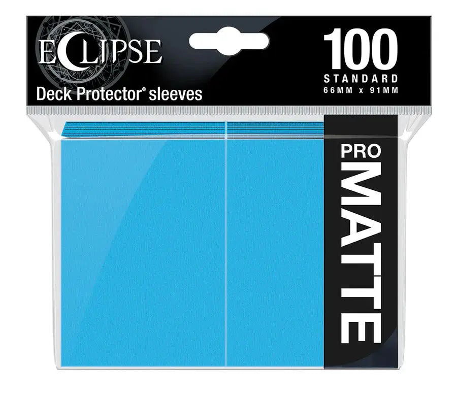 Sky blue ECLIPSE® Matte Standard DECK PROTECTOR® sleeves by THE MIGHTY HOBBY SHOP in a 100-count package, front view.
