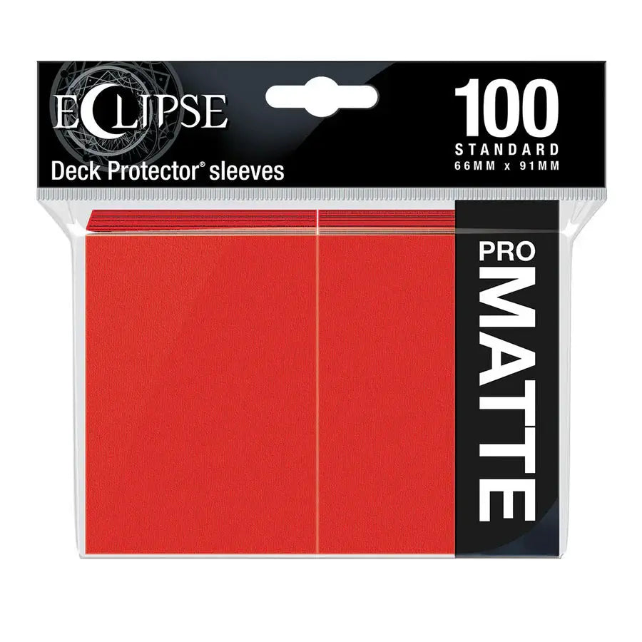 ECLIPSE® Matte Standard DECK PROTECTOR® sleeves in apple red color, 100-pack, featuring smooth matte finish and card protection.