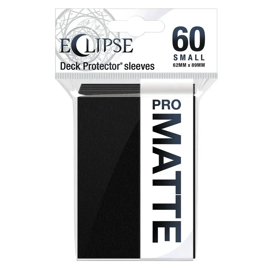 Jet black Eclipse Matte Small Deck Protector Sleeves for trading cards, 60-count pack, featuring matte finish and brand branding.