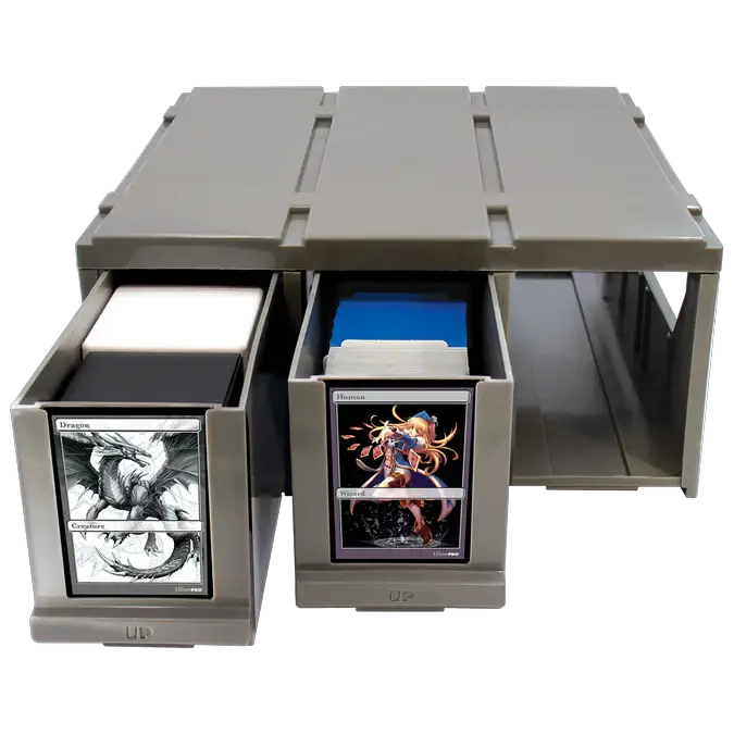 Three-drawer PRO-Storage organizer by THE MIGHTY HOBBY SHOP with two open drawers, showing clear plastic compartments for small items.