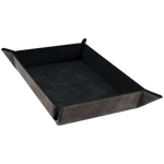 Foldable suede dice rolling tray from THE MIGHTY HOBBY SHOP, angled view showing soft suede surface and foldable design.