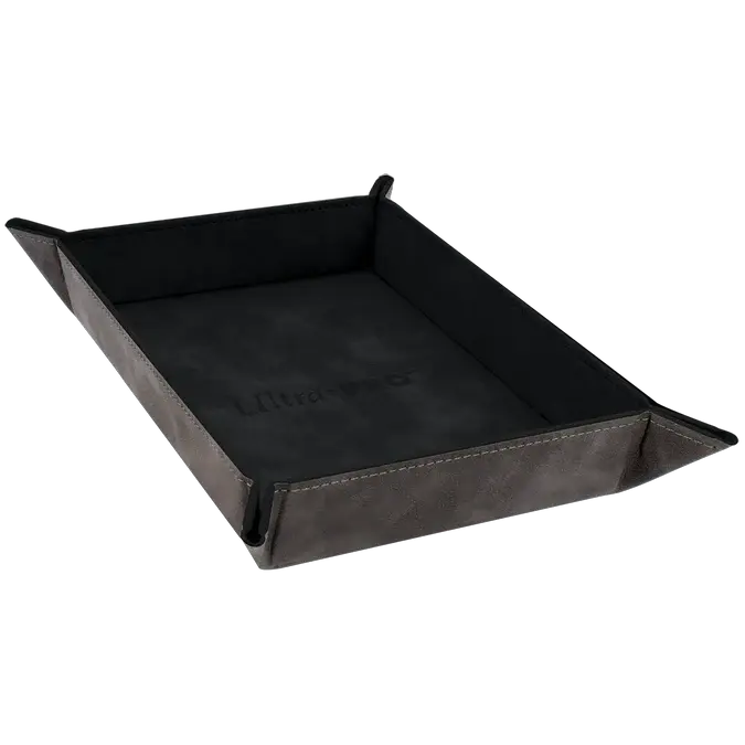 Foldable suede dice rolling tray from THE MIGHTY HOBBY SHOP, angled view showing soft suede surface and foldable design.