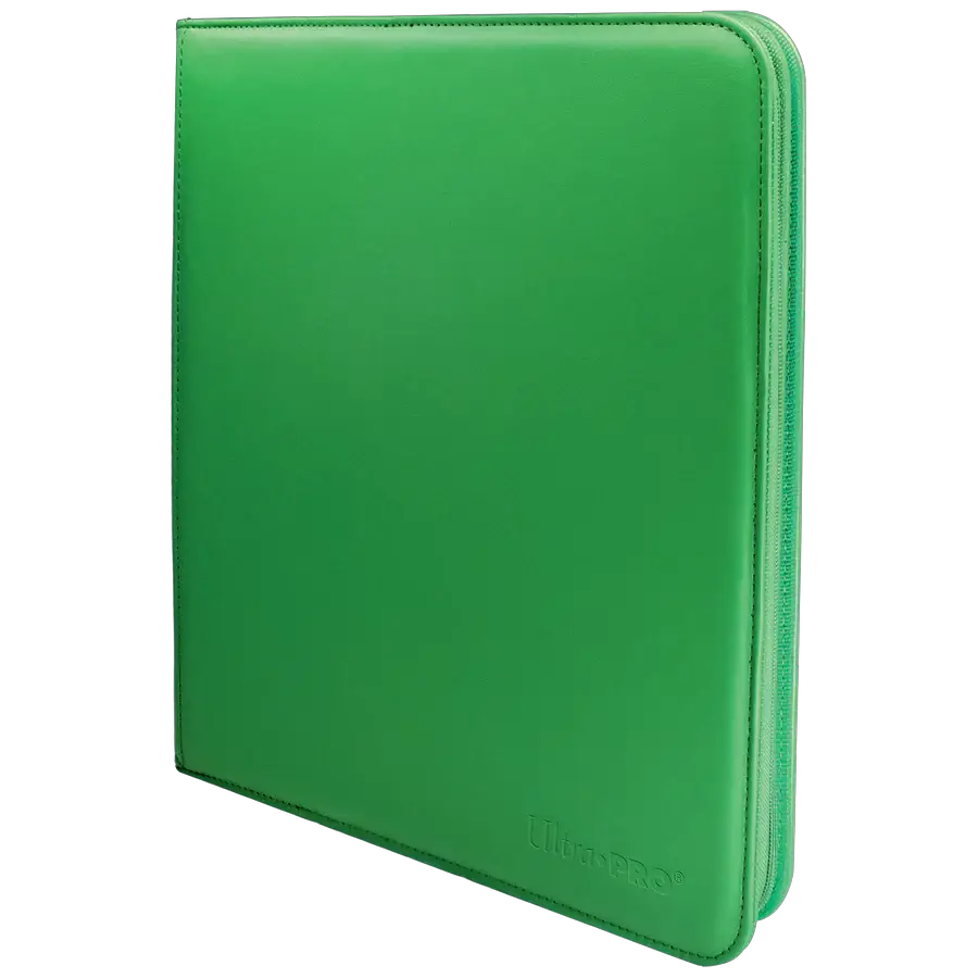 Vivid green 12-pocket zippered PRO-Binder by THE MIGHTY HOBBY SHOP, showcasing multiple storage pockets and sturdy zipper closure.