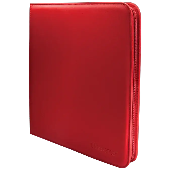 Vivid 12-pocket zippered PRO-Binder by THE MIGHTY HOBBY SHOP, blue color, open with visible pockets and zipper closure at an angle.