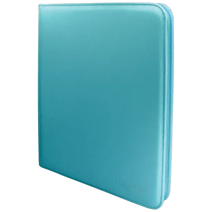 Light blue Vivid 12-pocket zippered PRO-Binder from THE MIGHTY HOBBY SHOP, shown from an angled view with visible zipper and pockets.