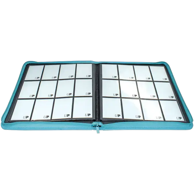 Open Vivid light blue 12-pocket zippered PRO-Binder by THE MIGHTY HOBBY SHOP showing organized plastic sleeves inside.