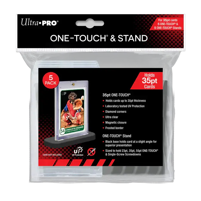 Set of five 35PT ONE-TOUCH & stands from THE MIGHTY HOBBY SHOP, featuring clear plastic holders with stands for display or storage.