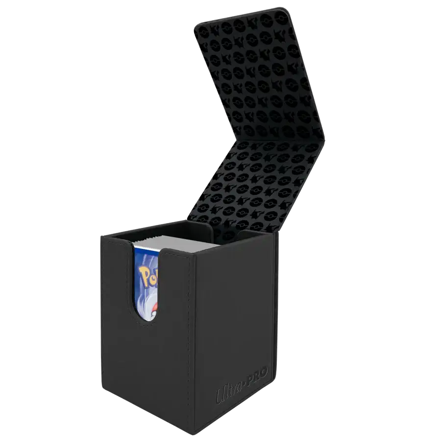 Open Pikachu Alcove Flip Deck Box from the Elite Series by THE MIGHTY HOBBY SHOP, featuring a Pikachu design and storage compartments.