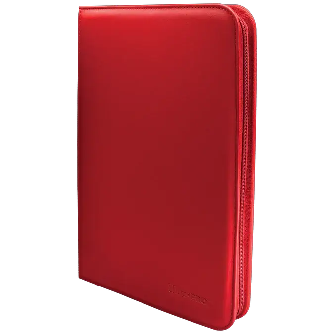 Red Vivid 9-Pocket Zippered PRO-Binder by THE MIGHTY HOBBY SHOP with multiple storage pockets and secure zipper closure.