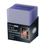 Clear 3x4-inch platinum toploaders for trading cards, shown in a display with 25 protective card sleeves.