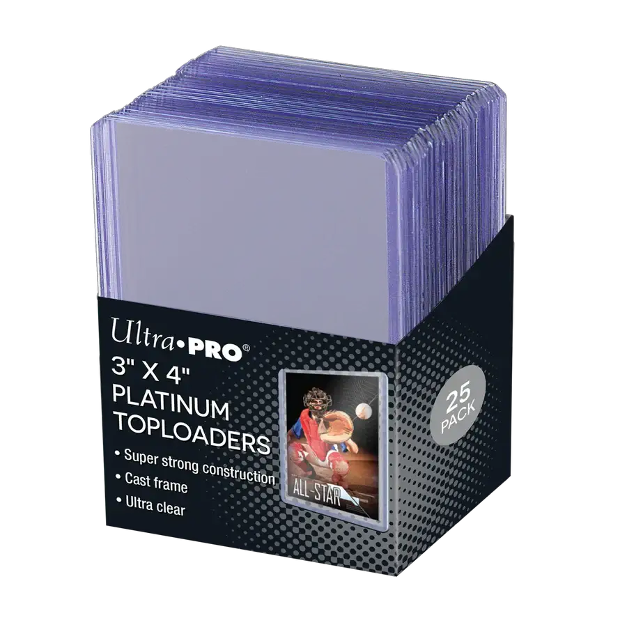 Clear 3x4-inch platinum toploaders for trading cards, shown in a display with 25 protective card sleeves.