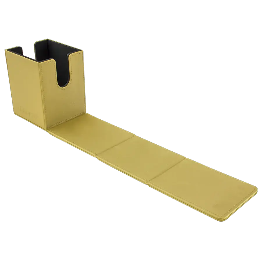 Open Vivid Alcove Flip Deck Box by THE MIGHTY HOBBY SHOP showing yellow interior storage for trading cards or collectibles.