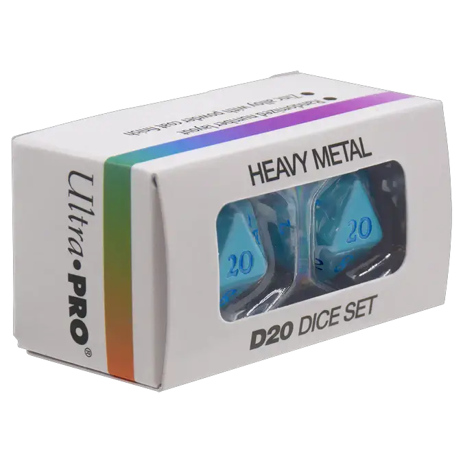 Light blue Vivid Heavy Metal D20 dice from THE MIGHTY HOBBY SHOP, shown in packaging with a close-up angle.