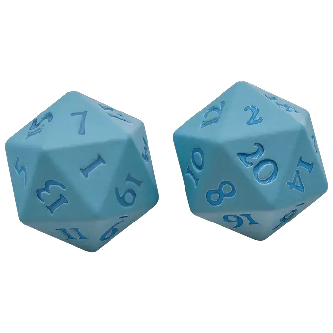 Light blue Vivid Heavy Metal D20 die from THE MIGHTY HOBBY SHOP, showcasing a shiny, metallic finish and detailed numbering.