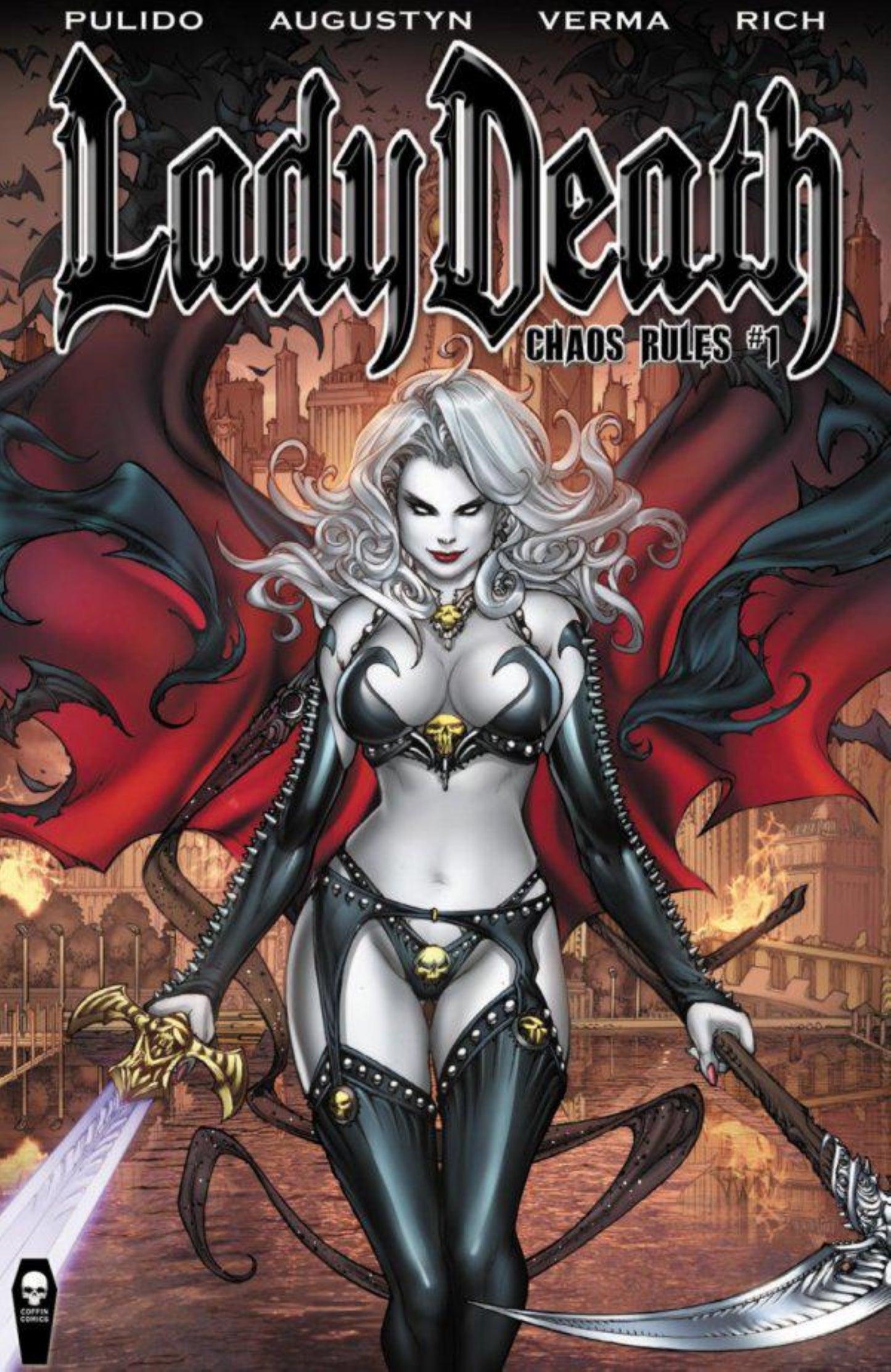 Comic book cover featuring a character with red wings and a sword, titled 'Lady Death: Chaos Rules'.